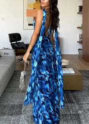 Chic Blue Backless Print Tulle Spaghetti Strap Dress Summer