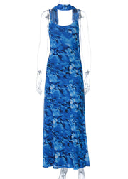 Chic Blue Backless Print Tulle Spaghetti Strap Dress Summer