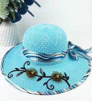 Chic Blue Bow Floral Nail Bead Patchwork Sun Hat