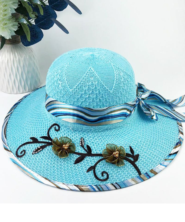 Chic Blue Bow Floral Nail Bead Patchwork Sun Hat