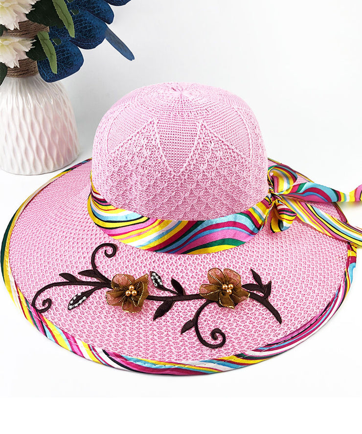 Chic Blue Bow Floral Nail Bead Patchwork Sun Hat