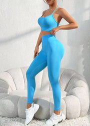 Chic Blue Cross Strap Backless Sports Bra And Leggings Set Suit