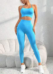 Chic Blue Cross Strap Backless Sports Bra And Leggings Set Suit
