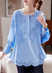 Chic Blue Embroidered Nail Bead Top Batwing Slee