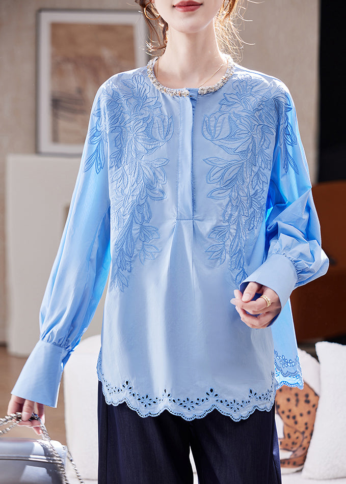 Chic Blue Embroidered Nail Bead Top Batwing Slee