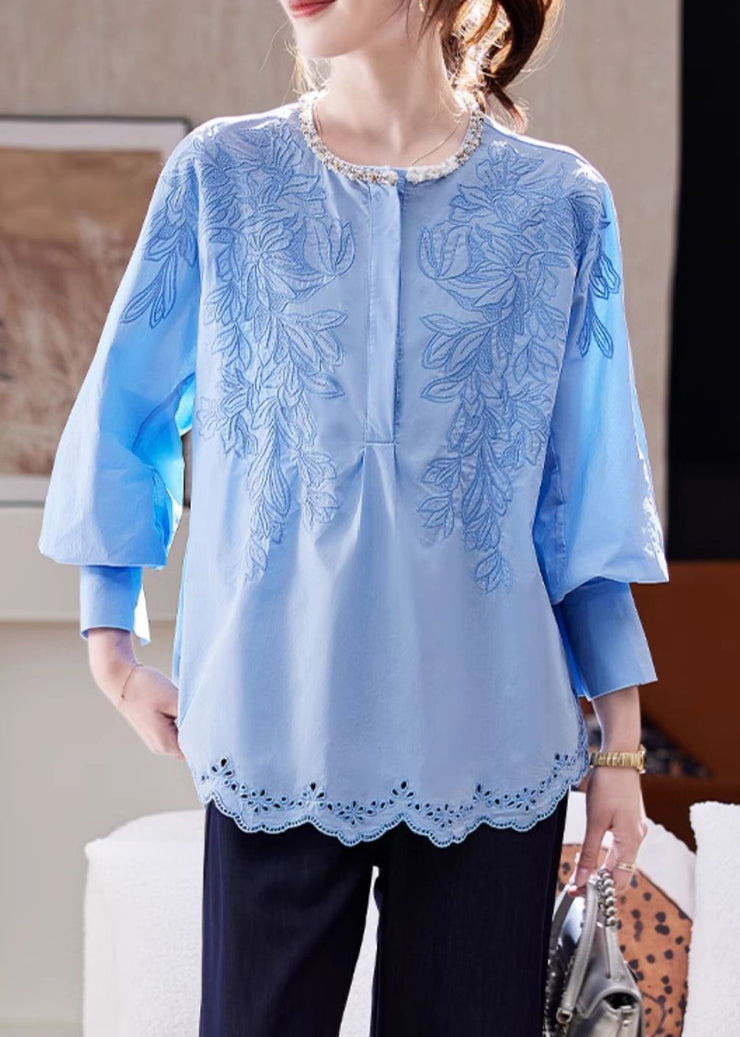Chic Blue Embroidered Nail Bead Top Batwing Slee