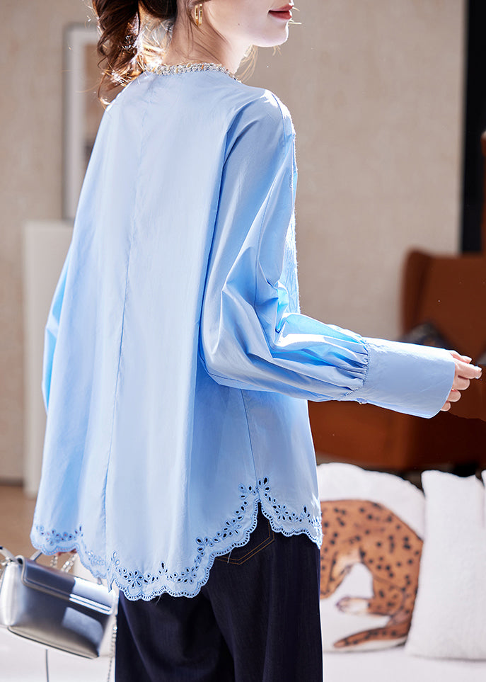 Chic Blue Embroidered Nail Bead Top Batwing Slee
