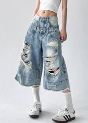 Chic Blue Hole Original Design Denim Crop Pants Summer