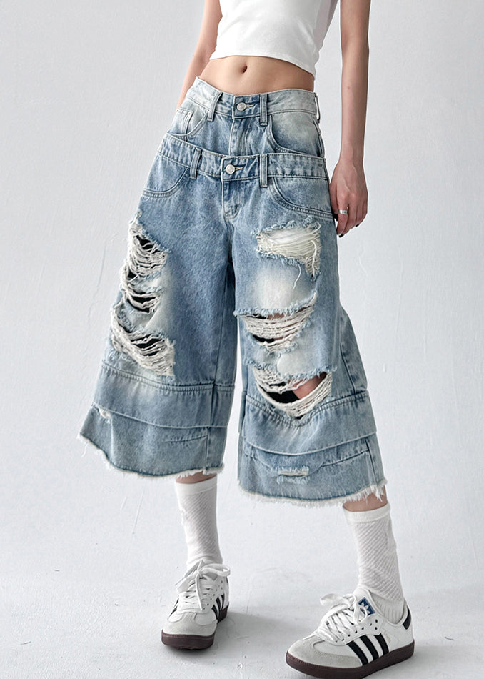 Chic Blue Hole Original Design Denim Crop Pants Summer