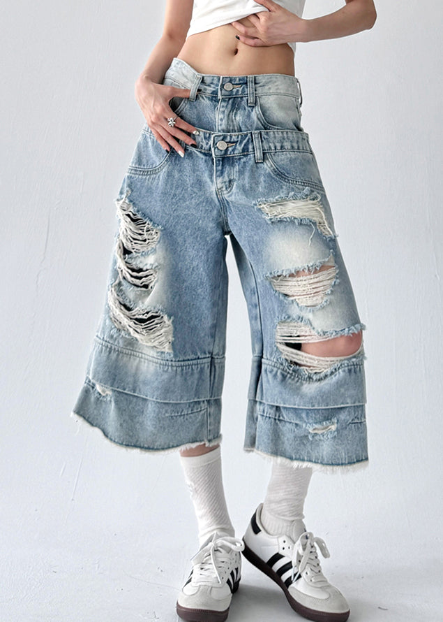 Chic Blue Hole Original Design Denim Crop Pants Summer