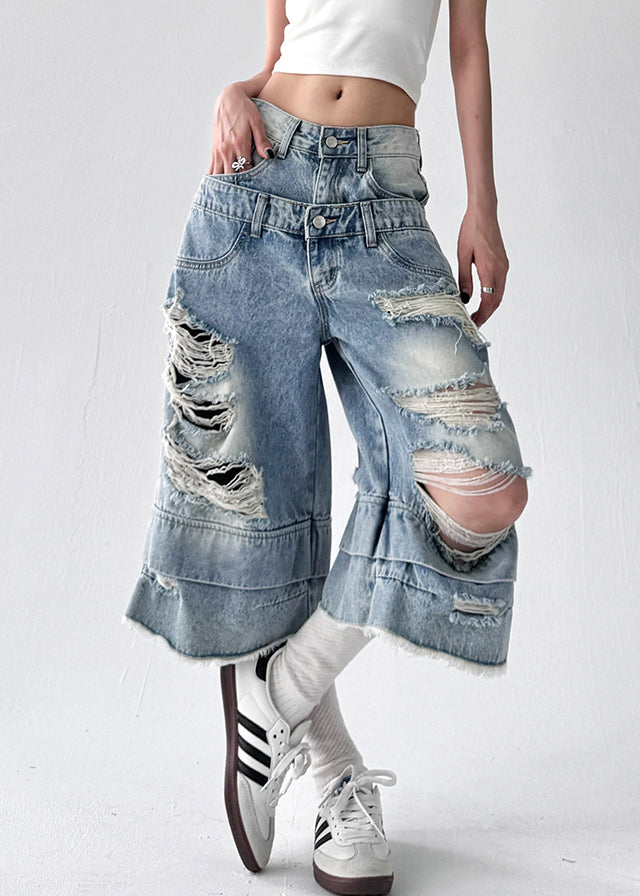 Chic Blue Hole Original Design Denim Crop Pants Summer
