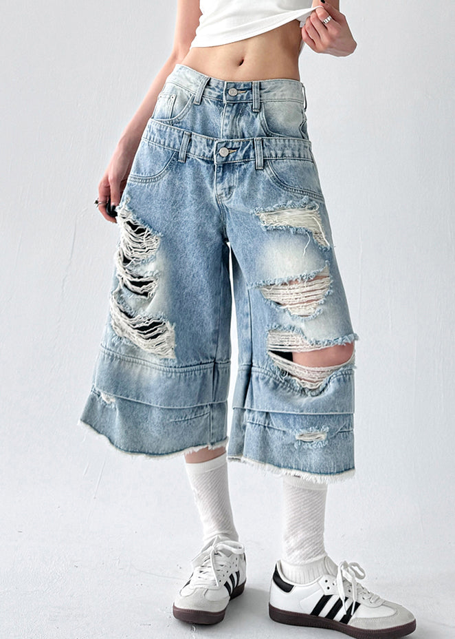 Chic Blue Hole Original Design Denim Crop Pants Summer