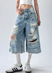 Chic Blue Hole Original Design Denim Crop Pants Summer
