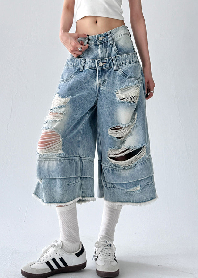 Chic Blue Hole Original Design Denim Crop Pants Summer
