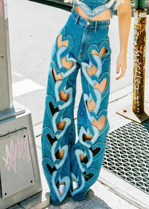 Chic Blue Hollow Out High Waist Denim Pants Spring