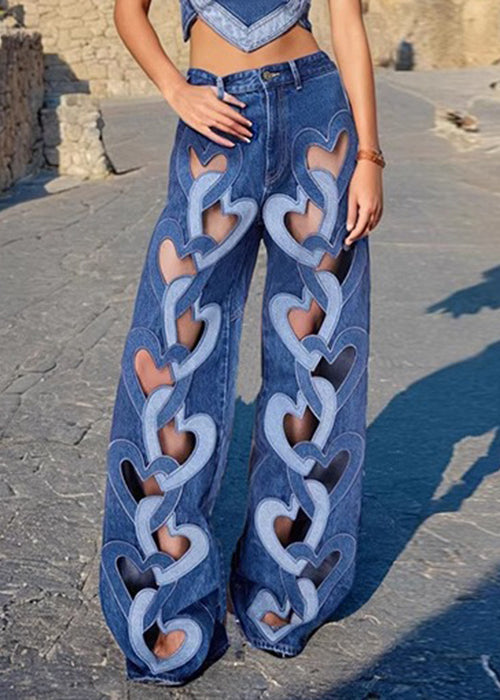 Chic Blue Hollow Out High Waist Denim Pants Spring