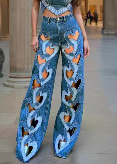Chic Blue Hollow Out High Waist Denim Pants Spring