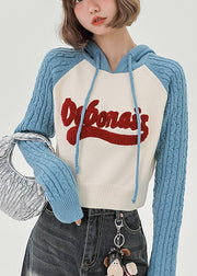 Chic Blue Hooded Patchwork Jacquard Knit Sweatshirts Top Spring