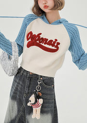 Chic Blue Hooded Patchwork Jacquard Knit Sweatshirts Top Spring