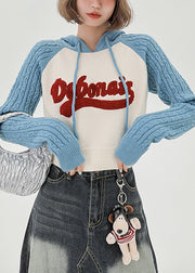 Chic Blue Hooded Patchwork Jacquard Knit Sweatshirts Top Spring