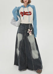 Chic Blue Hooded Patchwork Jacquard Knit Sweatshirts Top Spring