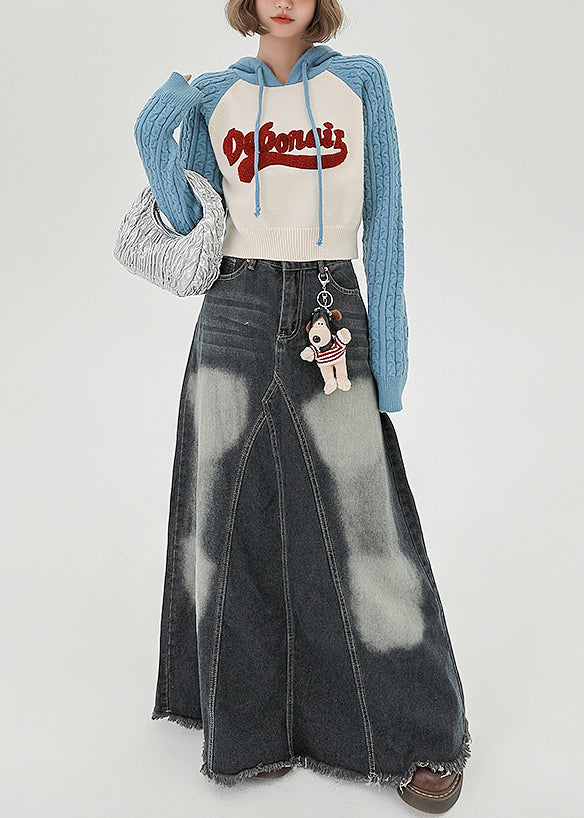 Chic Blue Hooded Patchwork Jacquard Knit Sweatshirts Top Spring