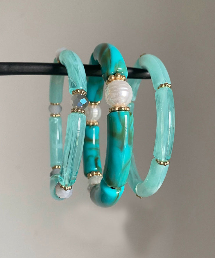 Chic Blue Jade Pearl Bangle Three-Piece Set