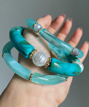 Chic Blue Jade Pearl Bangle Three-Piece Set