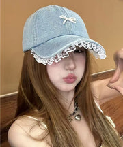 Chic Blue Lace Bead Bow Patchwork Denim Baseball Cap Hat