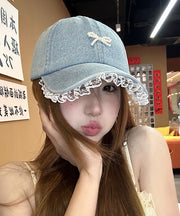 Chic Blue Lace Bead Bow Patchwork Denim Baseball Cap Hat