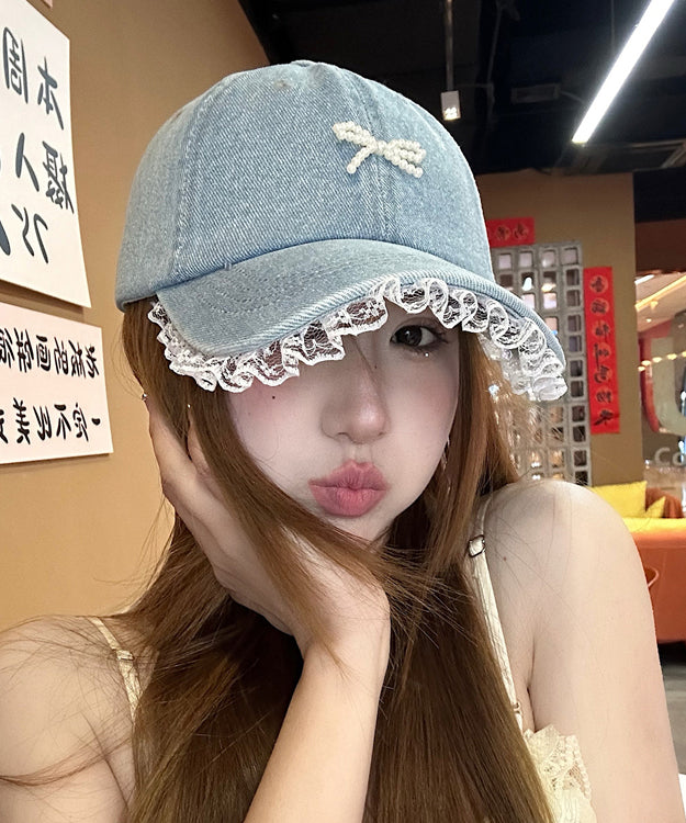 Chic Blue Lace Bead Bow Patchwork Denim Baseball Cap Hat