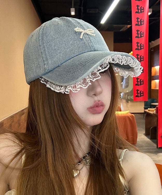 Chic Blue Lace Bead Bow Patchwork Denim Baseball Cap Hat