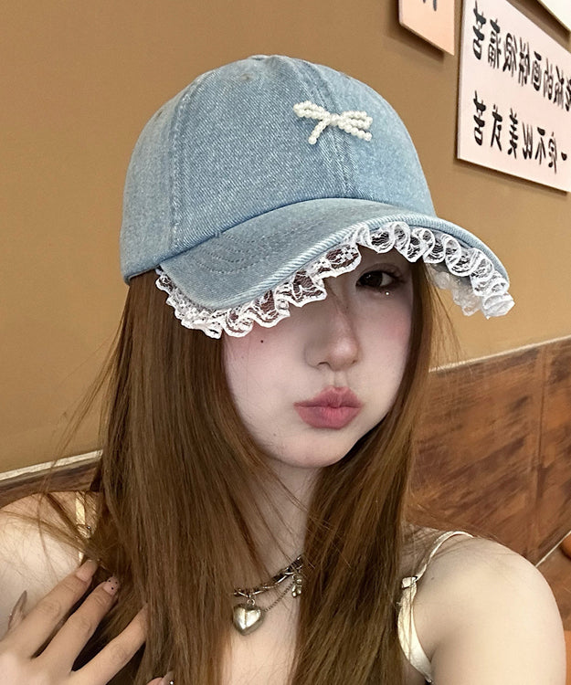 Chic Blue Lace Bead Bow Patchwork Denim Baseball Cap Hat