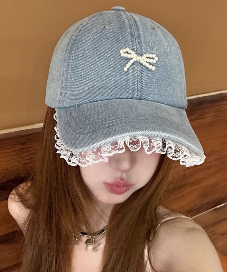 Chic Blue Lace Bead Bow Patchwork Denim Baseball Cap Hat