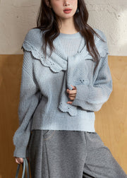 Chic Blue O-Neck Cotton Knit Sweaters And Shawl Two Pieces Set Lantern Sleeve