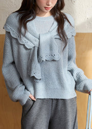 Chic Blue O-Neck Cotton Knit Sweaters And Shawl Two Pieces Set Lantern Sleeve