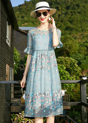 Chic Blue O-Neck print Ruffled Silk Vacation Dresses Short Sleeve