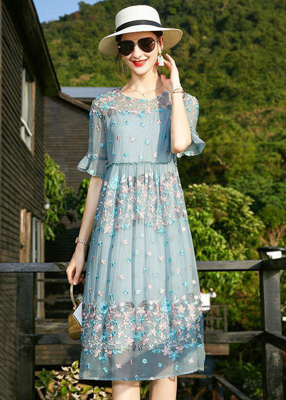 Chic Blue O-Neck print Ruffled Silk Vacation Dresses Short Sleeve