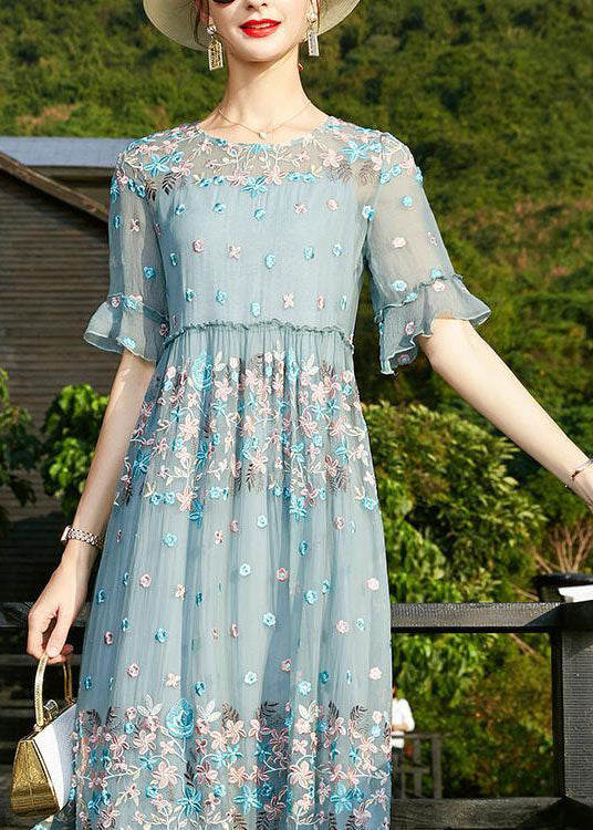 Chic Blue O-Neck print Ruffled Silk Vacation Dresses Short Sleeve