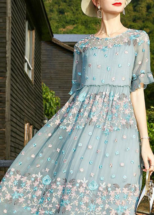 Chic Blue O-Neck print Ruffled Silk Vacation Dresses Short Sleeve