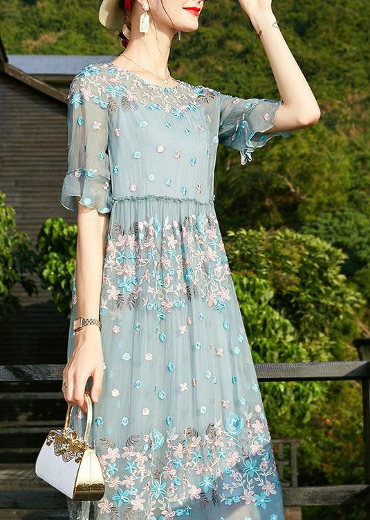 Chic Blue O-Neck print Ruffled Silk Vacation Dresses Short Sleeve