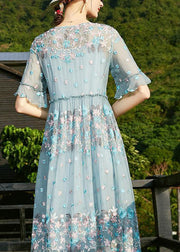 Chic Blue O-Neck print Ruffled Silk Vacation Dresses Short Sleeve