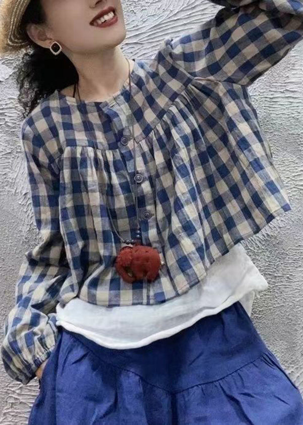 Chic Blue O Neck Plaid Cotton Shirt Top Long Sleeve