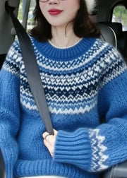 Chic Blue O-Neck Print Thick Cotton Knit Sweater Lantern Sleeve