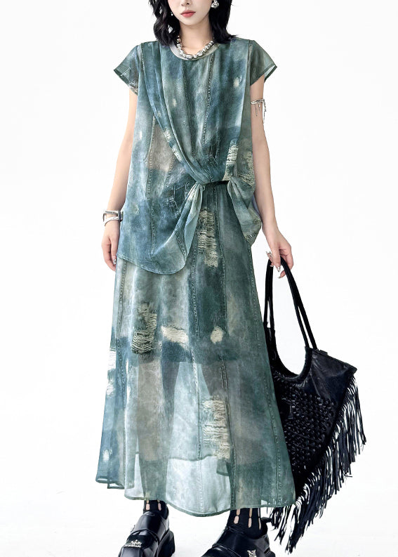 Chic Blue O Neck Ripped Denim Print Two Pieces Set Summer