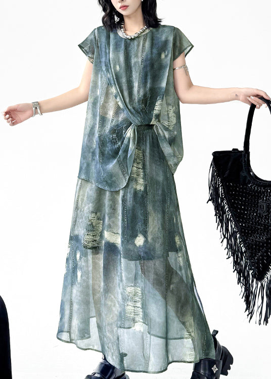 Chic Blue O Neck Ripped Denim Print Two Pieces Set Summer