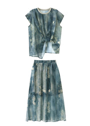 Chic Blue O Neck Ripped Denim Print Two Pieces Set Summer