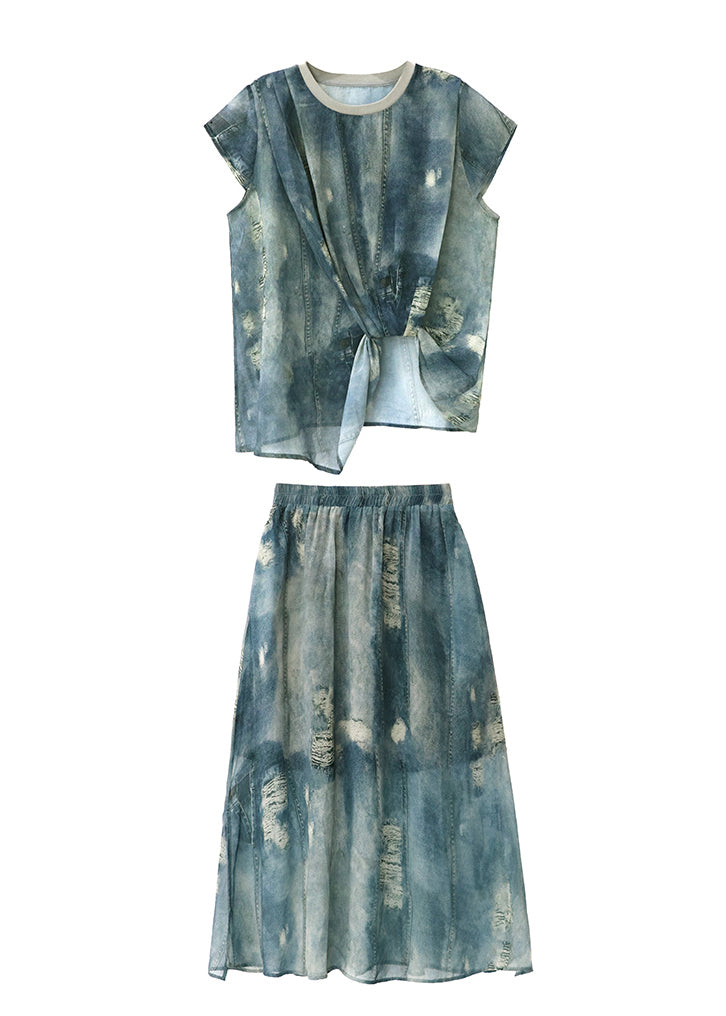 Chic Blue O Neck Ripped Denim Print Two Pieces Set Summer