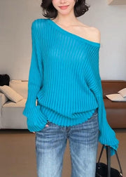 Chic Blue One Shoulder Striped Hollow Out Solid Cotton Knit Sweater Fall