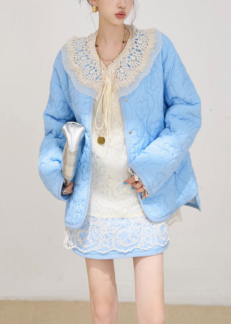 Chic Blue Oversized Embossing Fine Cotton Filled Jacket Winter